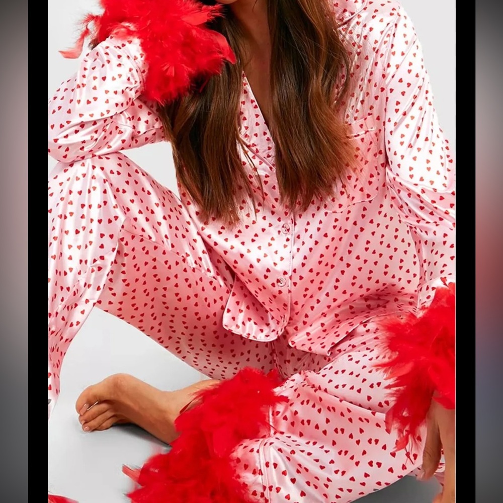 Heart Print Pajama Set with Red Feather Trim